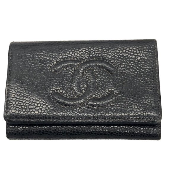 CHANEL, Accessories, Chanel Black Caviar Leather 6 Key Holder Case Wallet  With Pouch 424x275